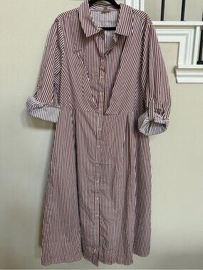 Avenue Striped Button-Front Shirt Dress in Burgundy and White
